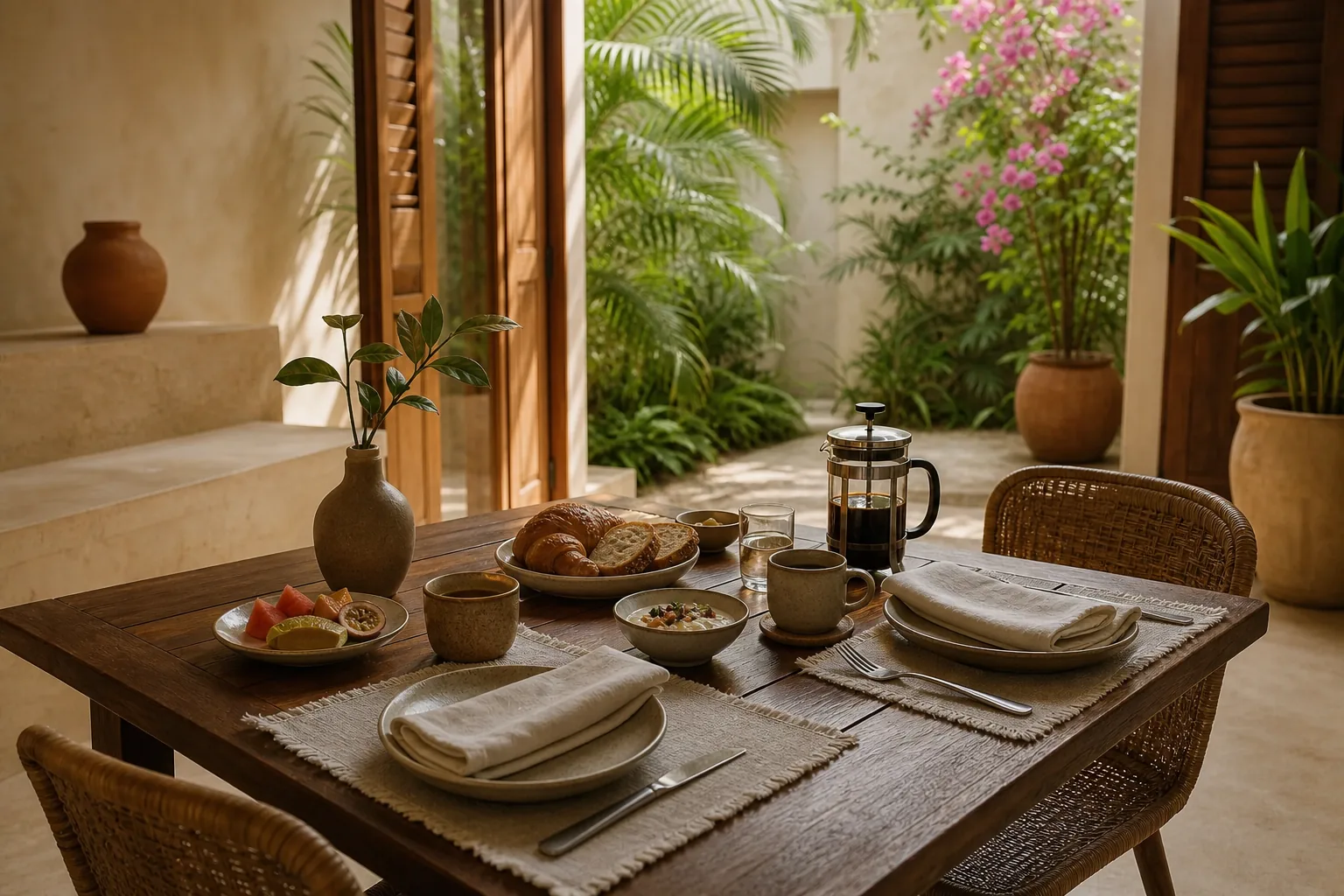 An unhurried, screen-free local breakfast laid on a linen table in the garden