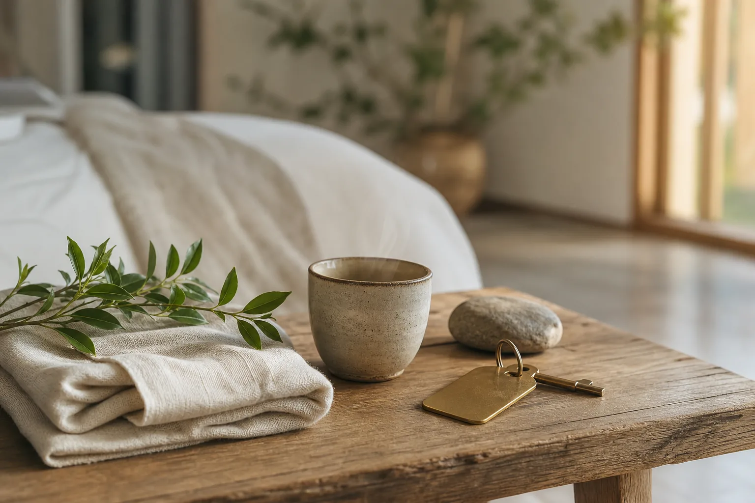 A still life of local materials — linen, copal, a singing bowl and botanicals