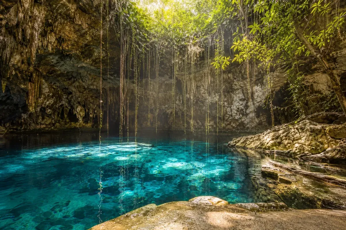 A clear turquoise cenote in the jungle, light falling to still fresh water