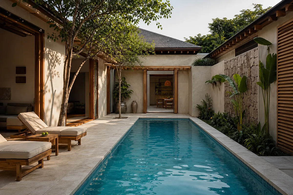 The courtyard plunge pool framed by palms and warm plaster walls