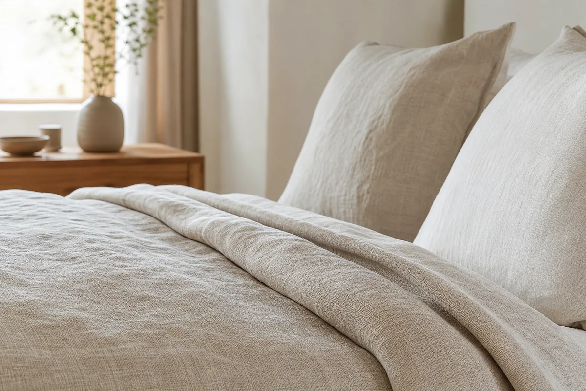 A close detail of rumpled natural-linen bedding in warm morning light