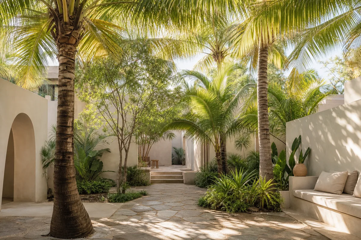 Sunlight filtering through palm fronds against a warm plaster wall