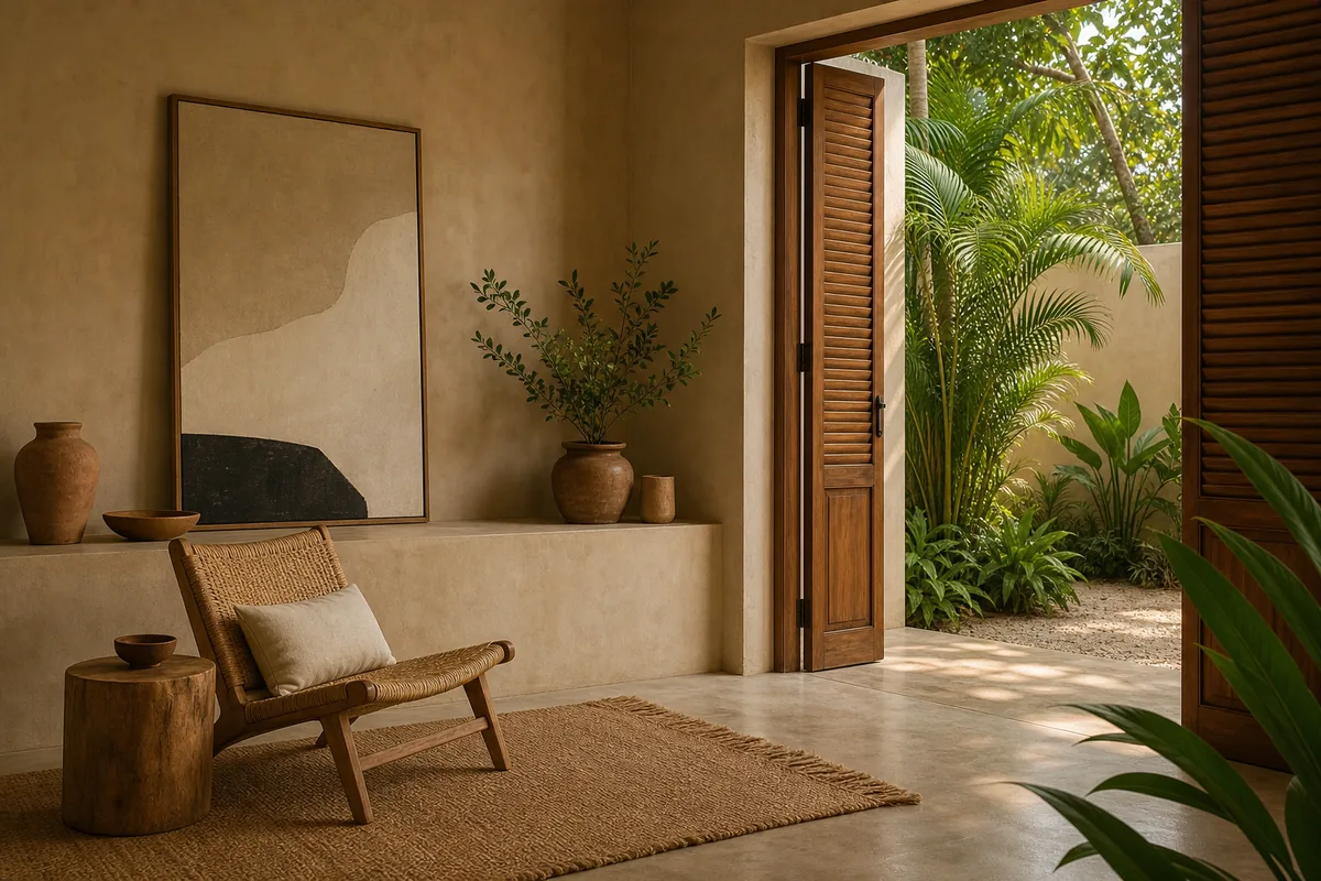 A quiet garden corner with a woven chair and a potted palm in soft light