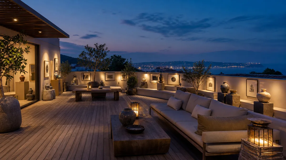 The rooftop pavilion at dusk with a lantern glow and calm sky