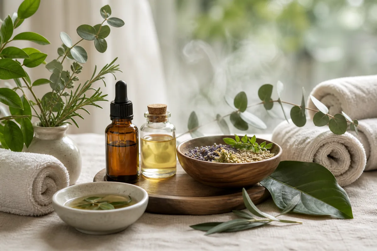Fresh spa botanicals — aloe, cacao and copal — on a stone tray
