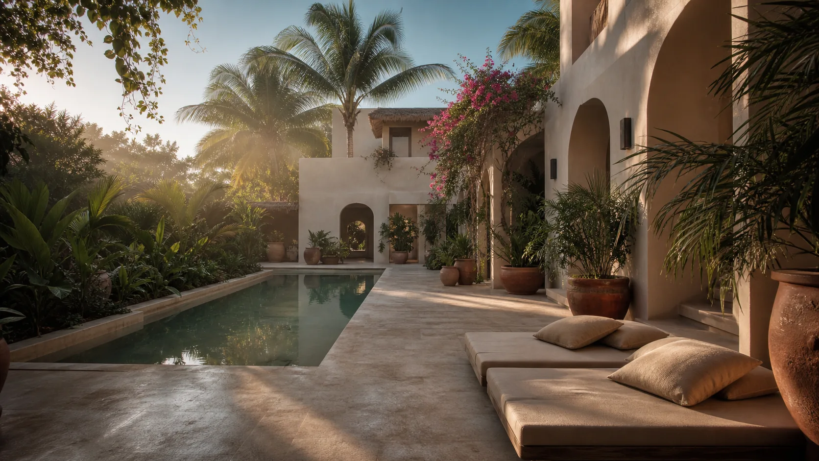 The planted courtyard and plunge pool at Zen Guesthouse in Playa del Carmen, in warm morning light