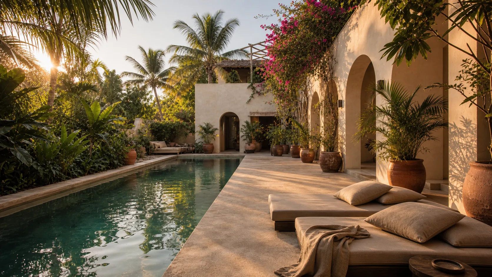 A linen daybed beneath palms in a quiet corner of the garden courtyard
