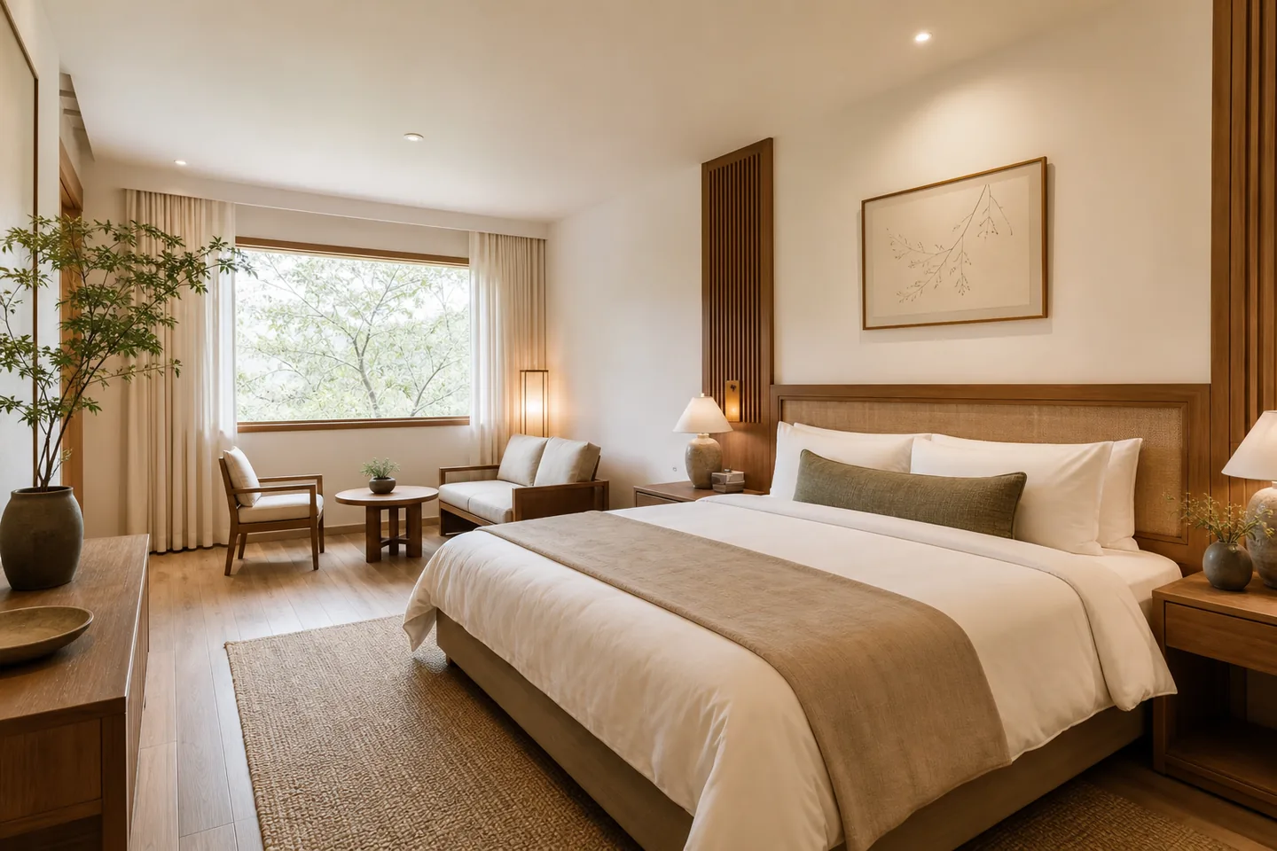 Open-plan sitting area within the room, and a larger bath.
