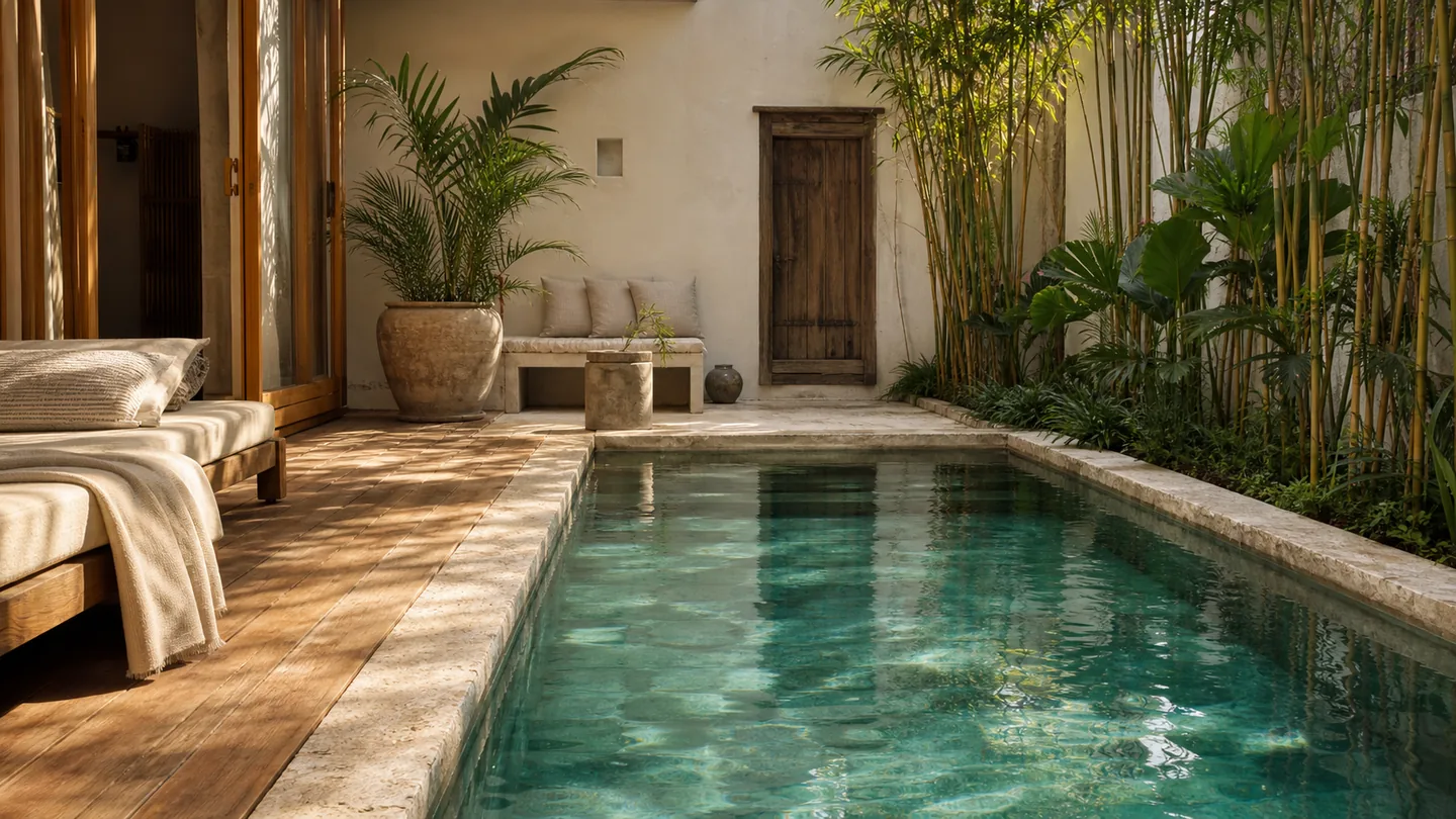 The plunge pool in the planted courtyard, still water reflecting the palms
