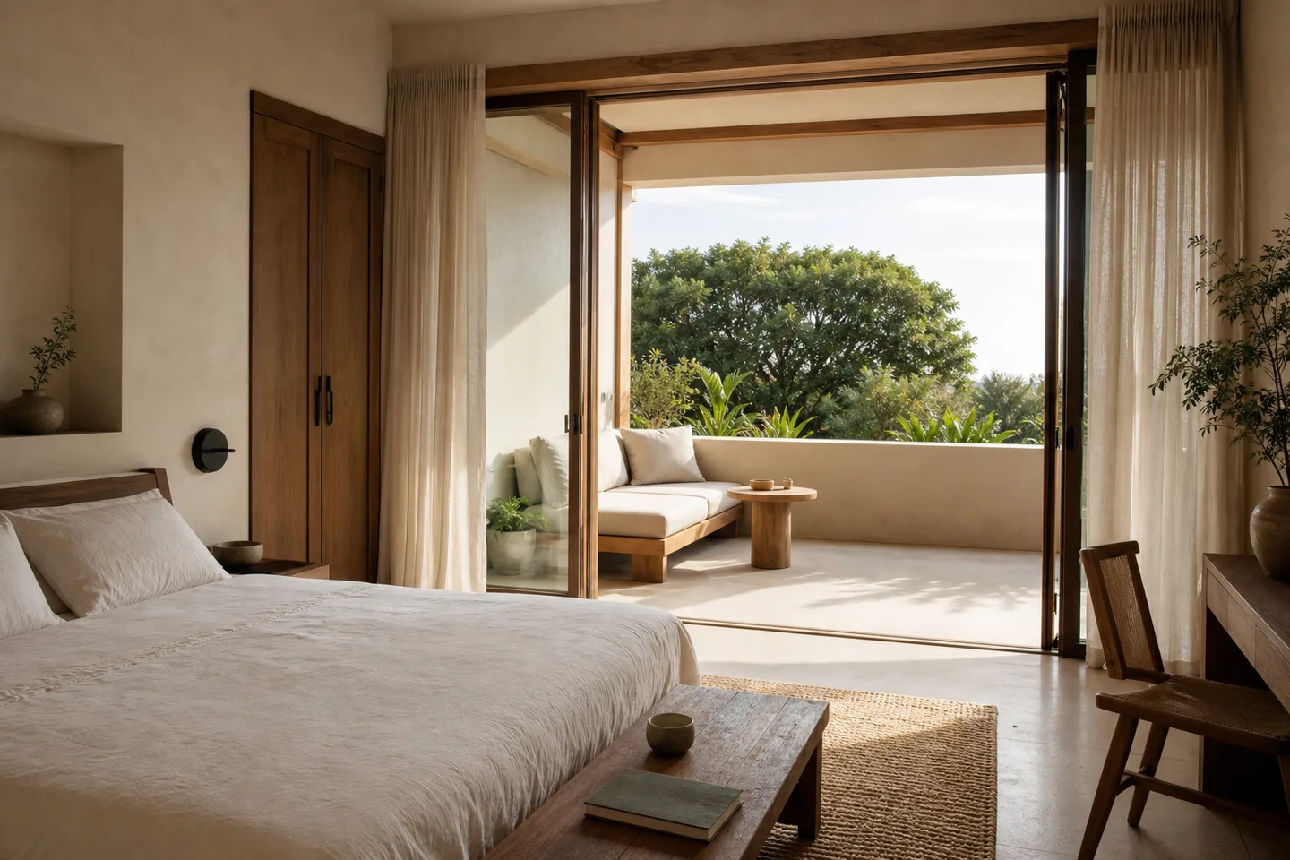 A private balcony or terrace over the pool and gardens.